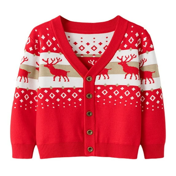 Little Girls Boys Button-up Cotton Coat Toddler Kids Deer Christmas Cardigan Sweater 2-7T