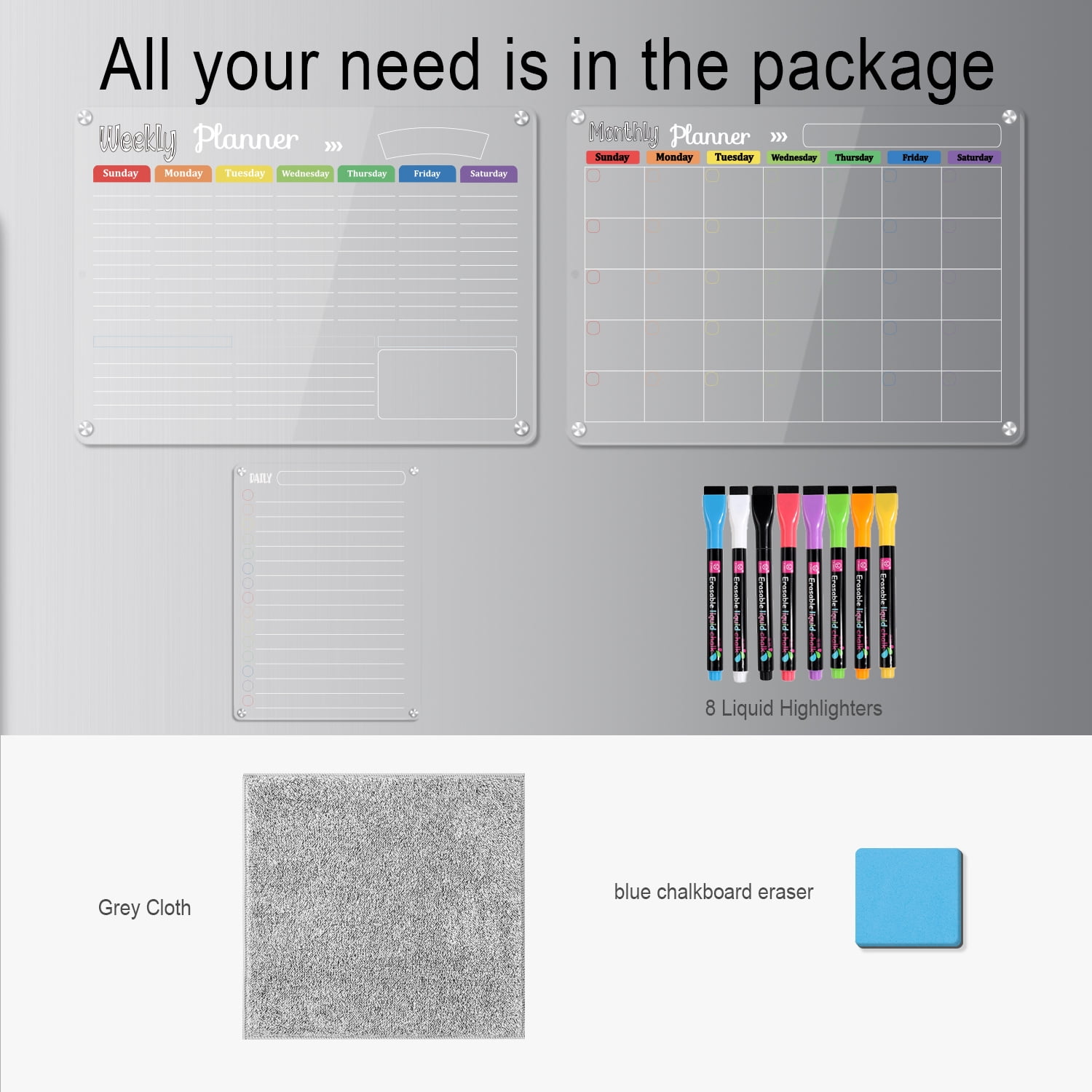 Magnetic Dry Erase Calendar Board for Refrigerator, Clear 2-Pack Acrylic Planner Board for Refrigerator, Reusable Whiteboard, Includes 6 Markers, 3 Colors