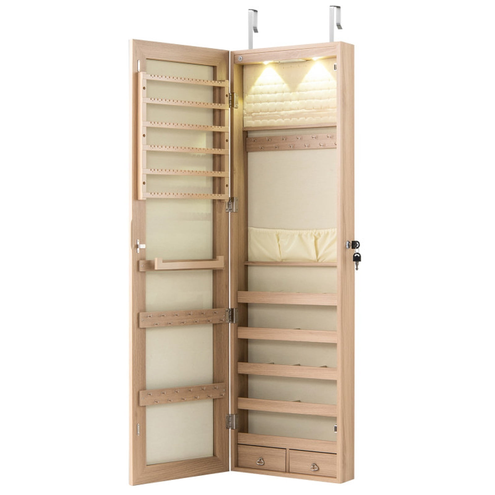 Furnibear Wall and Door Mounted Mirrored Jewelry Cabinet with Lights for Bedroom Dressing Room Jewelry Necklace Rings Storage Mirror, Natural