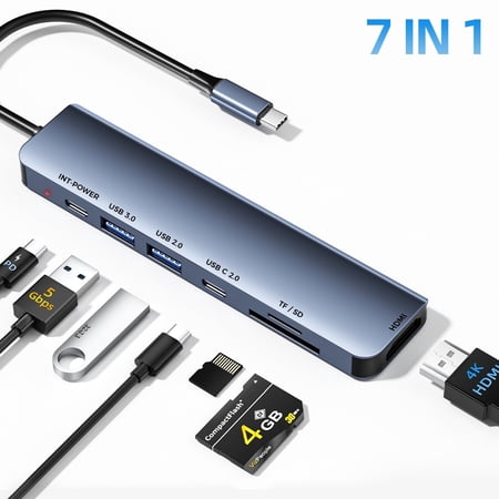 JAVRUNWOF Multi-Function Hub, 7 in 1 Usb C Hub Splitter,4 USB A 3.0/2.0 Data Ports, HDMI supports 4K,Compatible with MacBook Pro, iPad Pro,Laptops
