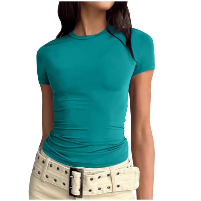 AherBiu Hauts Grande Taille pour Femmes Basiques Couleur Unie Col Rond Manches Courtes Ajusté Serré Extensible Confortables T-Shirts Hauts