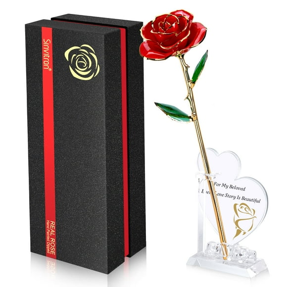 Sinvitron Gold Dipped Rose 24K Real Rose Long Stem Hand Dipped in 24k Golden Rose Unique Romantic Gifts for Women in Her Birthday Anniversary Valentines Day for her (Red)