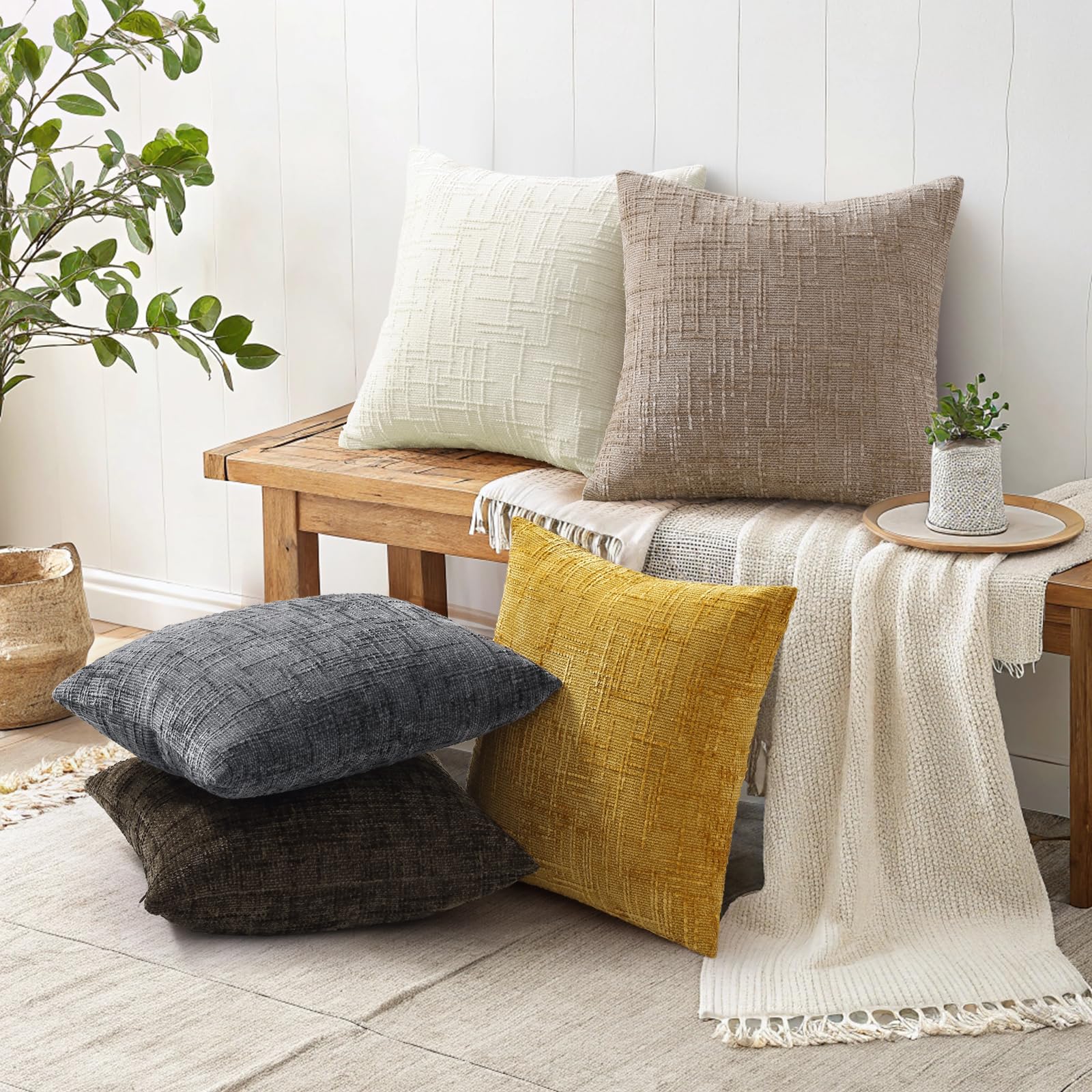 HAPPINESS Chenille Throw Pillow Covers 20x20 Set of 2 Thick Textured Slubby Couch Pillow Covers Farmhouse Accent Modern Neutral Decorative Pillow Cases for Bed Sofa Living Room