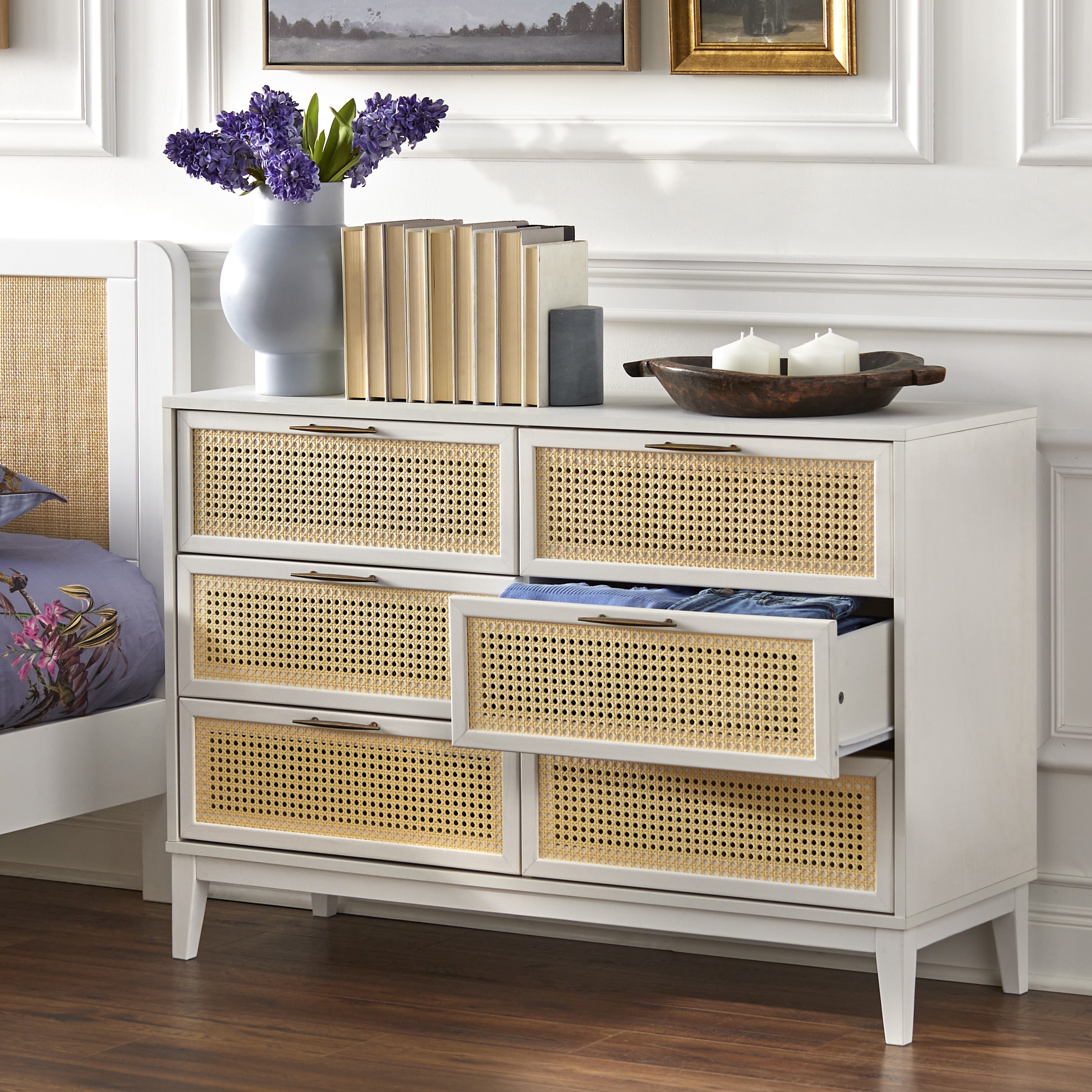 TMS Watson 6-Drawer Dresser with Natural Cane Drawer Fronts, White