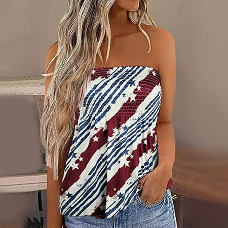

Alueeu Women Stripe Flag Leopard Print Bandeau Tank Casual Sleeveless Summer Vacation Loose Holiday Tube Top Shirt Blouse Pleated Stretch Tunic Tanks Top Basics Women Pajamas
