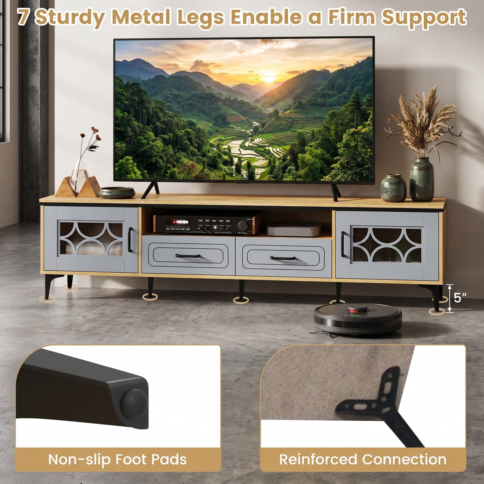 Furnibear Farmhouse TV Stand for TVs up to 80 Inch, 71 Inch Entertainment Center with 2 Drawers, 2 Cabinets & Open Storage Shelf, Wood Media Console, Oak and Gray