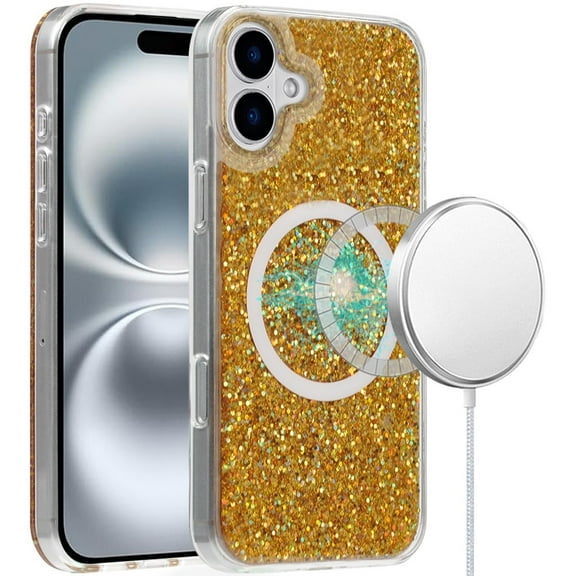 For Apple iPhone 16 Plus (6.7") Premium Transparent Epoxy Glitter Bling Magnetic Circle Compatible with MagSafe Hybrid Sparkle TPU Cover ,Xpm Phone Case [ Gold Glitter ]