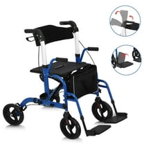 EuKer Walkers for Seniors with Seat 300 lbs, Folding Transport Wheelchair W/Footrests & Brake for Adult, Blue/Black