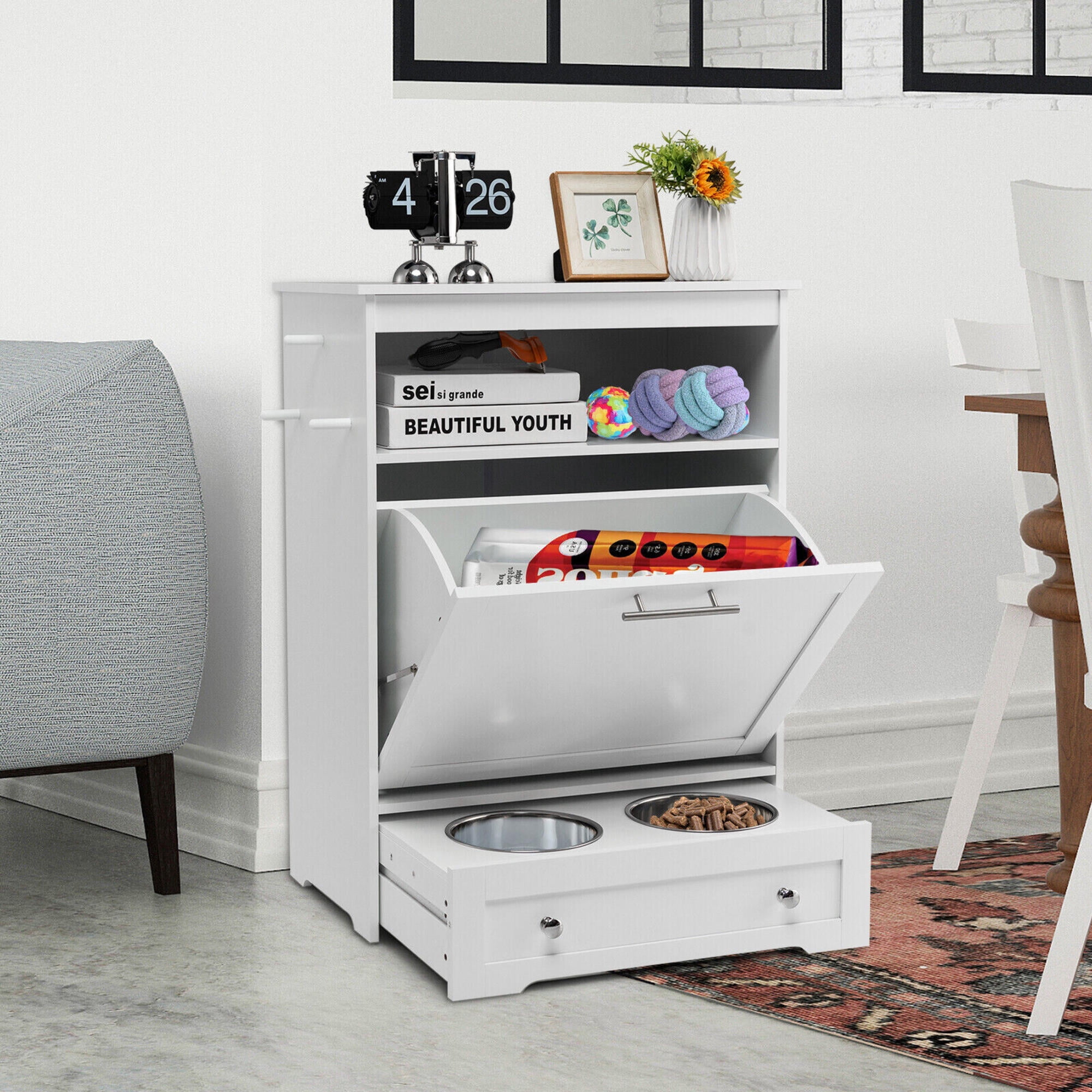 White Pet Feeder Station with Stainless Steel Bowl Pull-Out Drawer Storage Cabinet