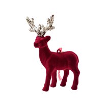 Burgundy Flocked Reindeer Christmas Table Decor – Velvet Standing Deer Figurine, Elegant Holiday Desktop Ornament for Living Room, Fireplace, Mantel & Home Xmas Decorations