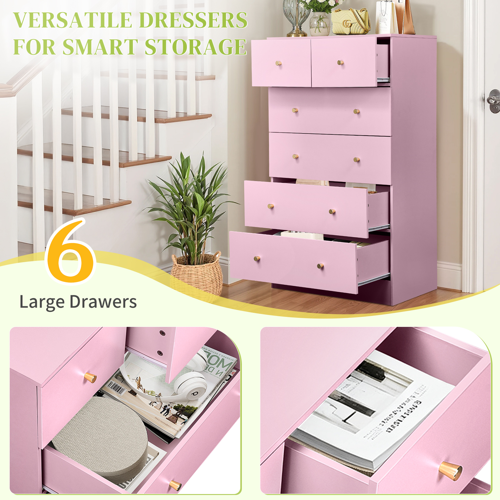 Ktaxon Large 6 Drawers Dresser Chests for Bedroom, Wood Chset of Drawers,Dressers Organizer for Bedroom, Living Room,Hallway, Pink
