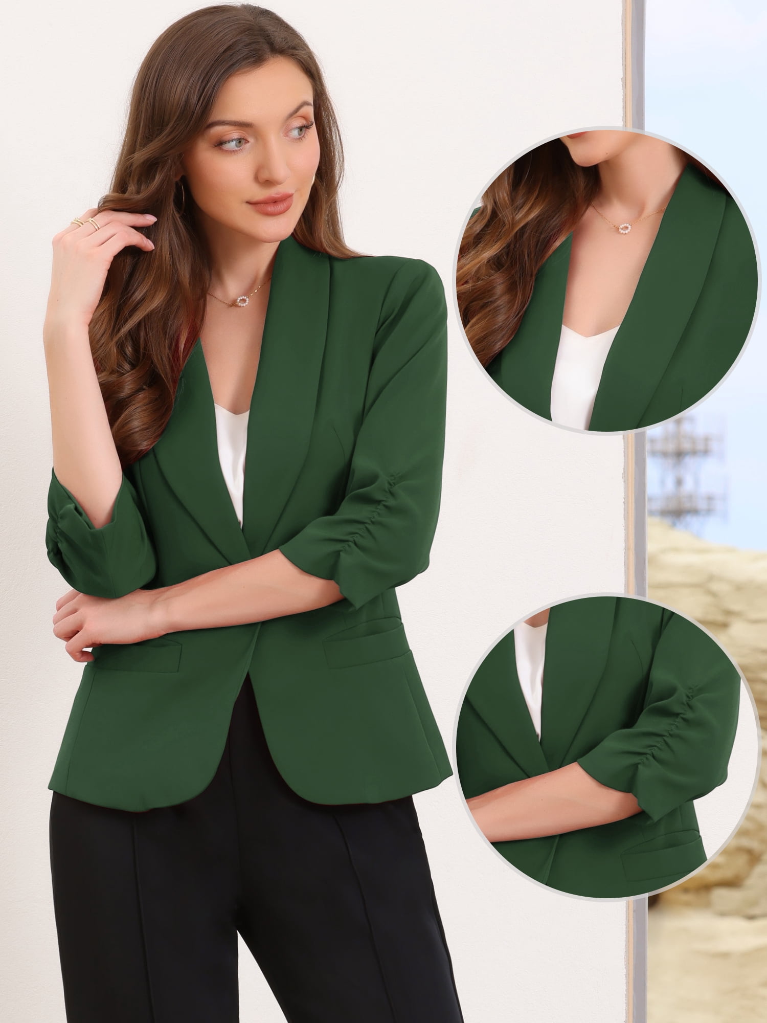 DARING DIVA Women's 3/4 Sleeve Shawl Lapel Work Blazer with Pockets M Dark Green