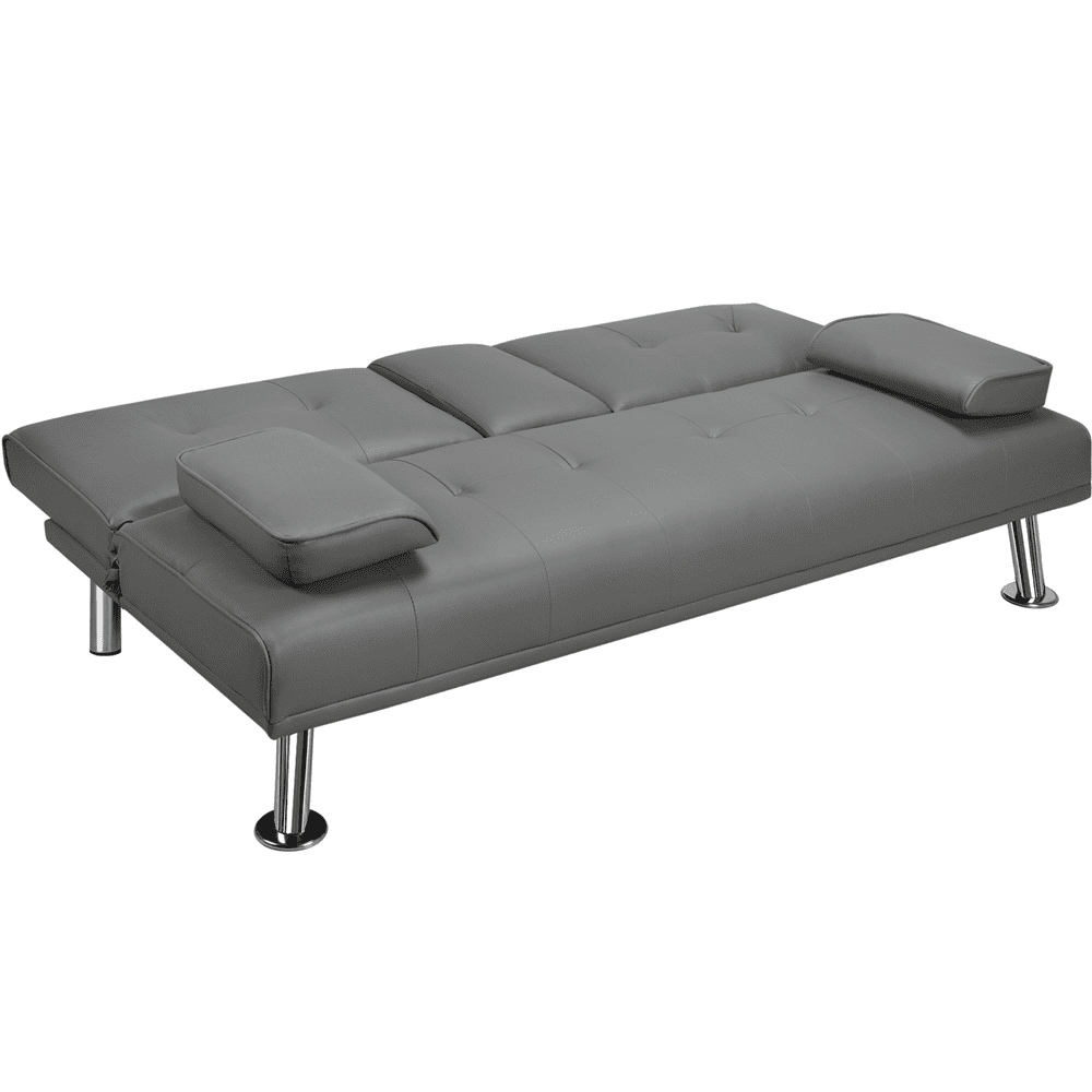 Renwick LuxuryGoods Modern Faux Leather Futon with Cupholders and Pillows, Gray  (图2)