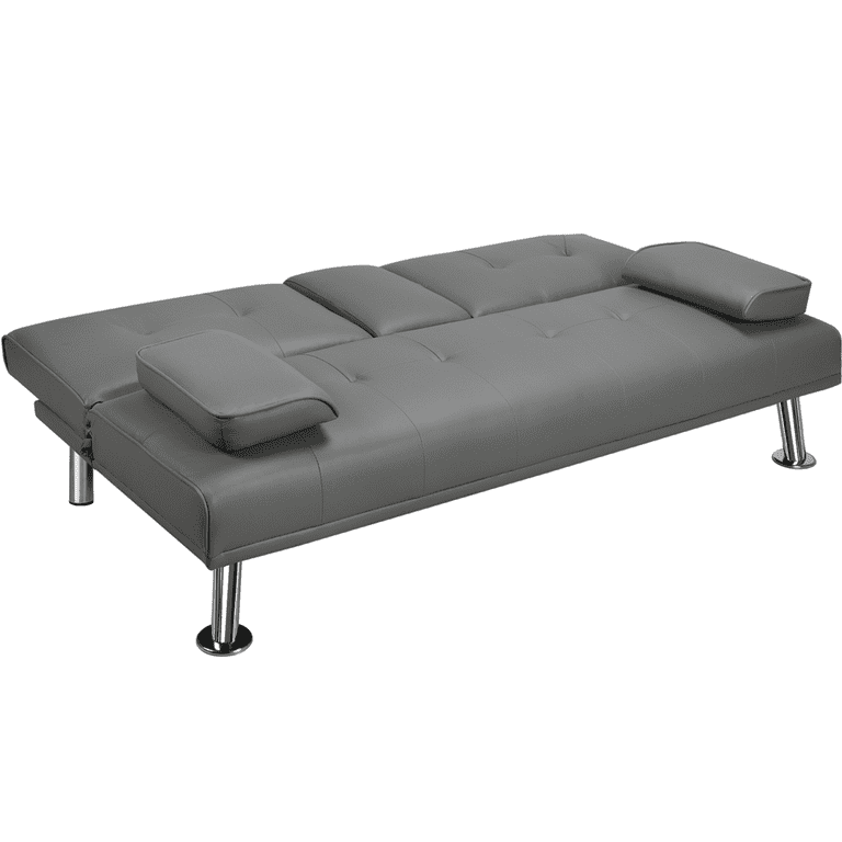 Easyfashion Contemporary Faux Leather Futon with Cupholders Convertible Sofa Bed for Living Room Studio Apartment Gray