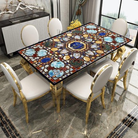 Rectangle Black Marble Dining Table Top with Elegant Pietra Dura Art | Conference Table for Office Meeting Room Decor-48x72 Inch