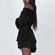 thumbnail image 2 of Mono con hombros descubiertos, manga larga, dobladillo con volantes y estampado de lunares, vestido informal para mujer, negro, XL, 2 of 6