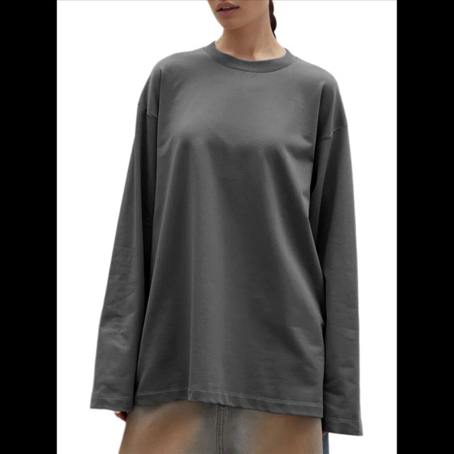 Camisetas de Larga Extragrandes para Mujer, Camisetas Básicas de Cuello Redondo, Tops de Otoño, Ropa Informal de Entrenamiento Y2K. Gris Oscuro L