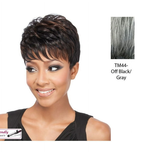 Brittan Heat Friendly Synthetic Wig,Two tone mix of off black with 50% gray roots with gray tips