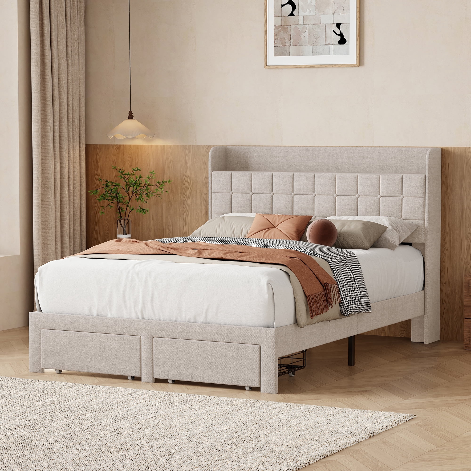 EDX Full Upholstered Platform Bed Frame with Storage Drawers and Fabric Headboard, Steel Support Frame, Beige
