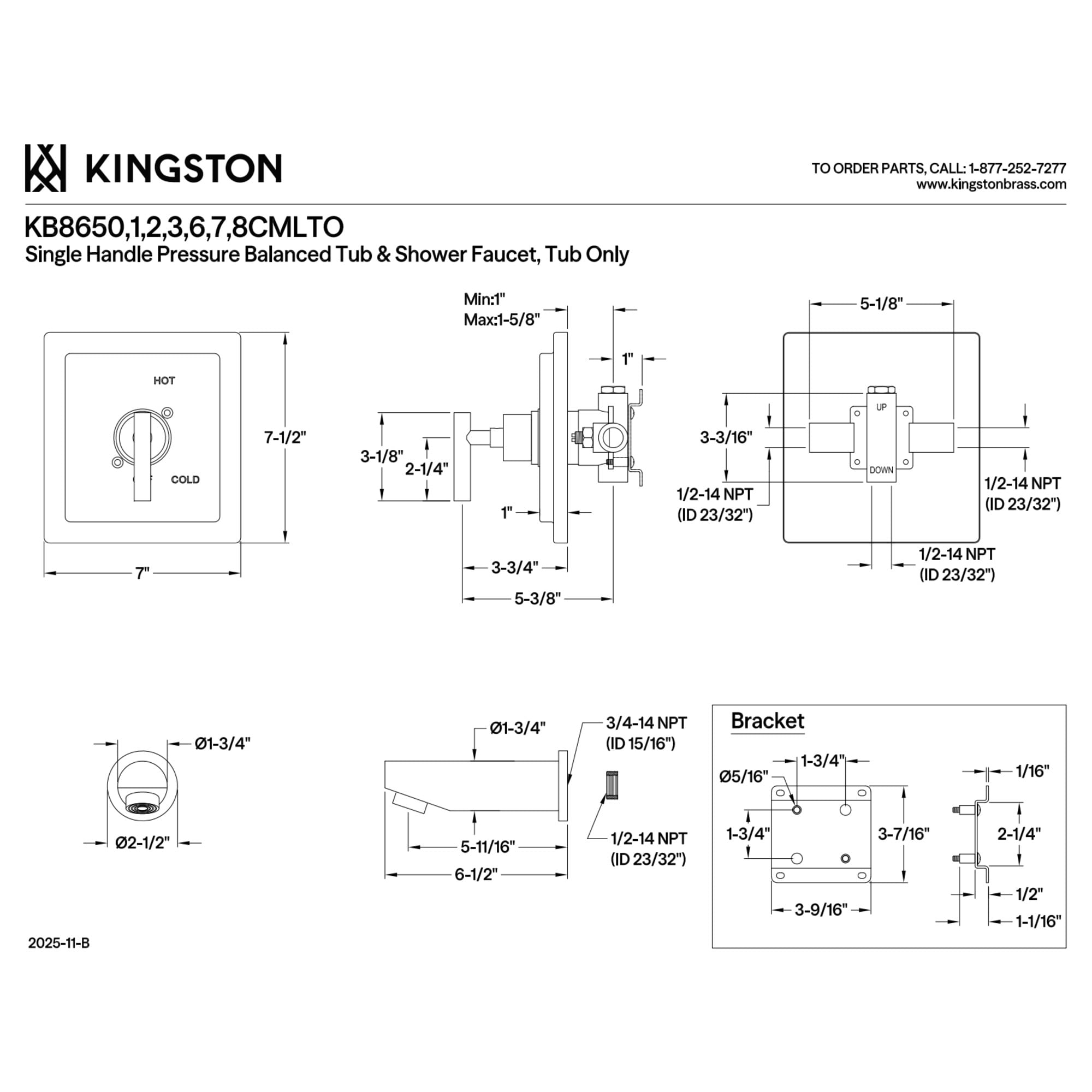 Kingston Brass KB8656CMLTO Manhattan Single-Handle Pressure Balanced Tub Faucet in Polished Nickel