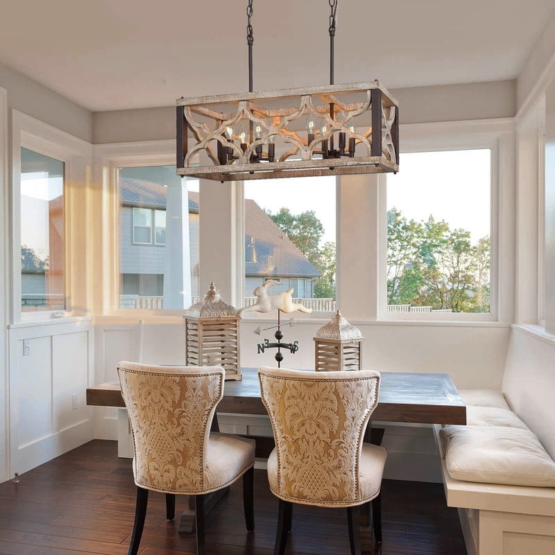 LNC 8-Light Distressed Wood and Bronze Linear LED Farmhouse Chandelier