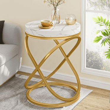 Tribesigns Faux Marble Top End Tables Living Room, 26 Inches Round Nightstands Sofa Side Table with Double X-Shaped Ring Unique Design for Bedroom (White and Gold)