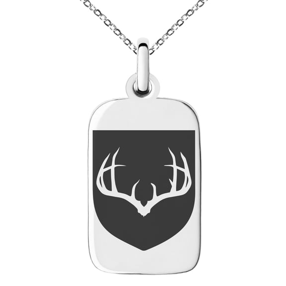 Stainless Steel Antlers Fortitude Coat of Arms Shield Engraved Small Rectangle Dog Tag Charm Pendant Necklace