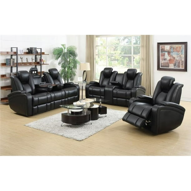 Coaster Delange 3 Piece Faux Leather Reclining Sofa Set In Black Piece Faux Leather Reclining Sofa Set