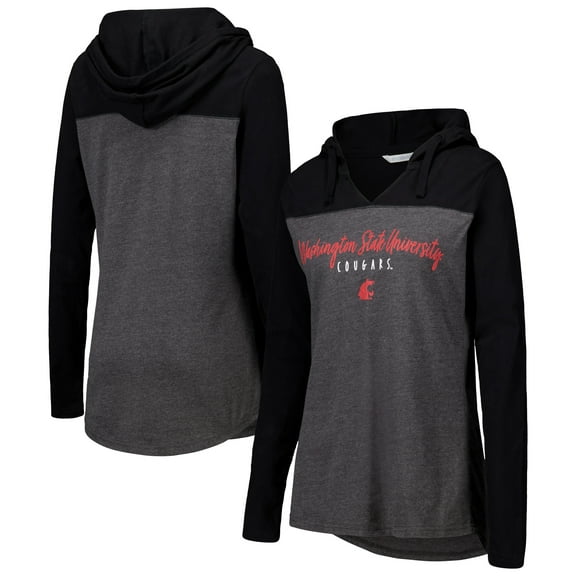 Women's Heather Charcoal Washington State Cougars Knockout Color Block Hooded V-Neck Long Sleeve T-Shirt