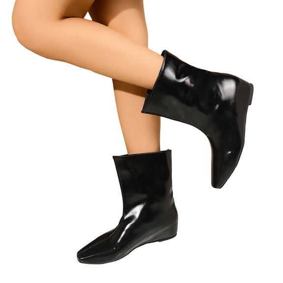 Wide Calf Boots for Women Plus Size Fashion Square Toe Slip on Hidden Wedge Mid Calf Booties Stitching Leather Pull on Ankle Booties Black 6