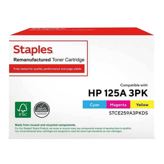 Staples TRU RED HP 125A Cy/Mag/Yel Reman Std Yld Toner Cartridges TRCE259A3PKDS