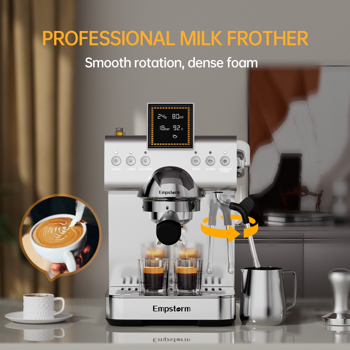 Empstorm Espresso Machine 20 Bar Steel Espresso Machines with Milk Frother, Cold & Hot Brew for Cappuccino/Latte/Ice Coffee, Home/Office/Cafe - CB2