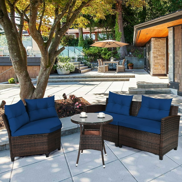 Costway Ensemble de Mobilier d'Extérieur en Rotin pour Patio 4 Pcs Canapé et Table Coussinés Bleu Marine