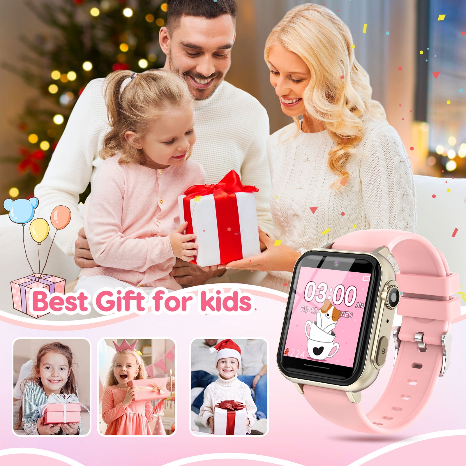 Eurhowing Kids Smart Watch Age 3-12, 31 Games, Learning Cards, HD Touch Screen, Camera, Music, Audiobook, Pedometer, Fun & Educational Birthday Gift Idea, Pink