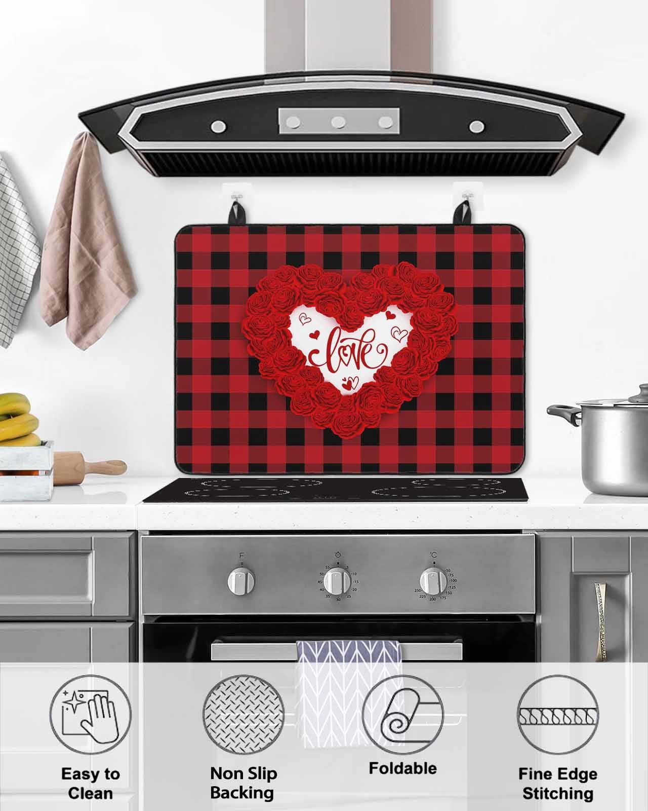 Large Induction Cooktop Protector Mat Valentine's Day Stove Top Covers for Electric Stove, Love Heart Romantic Red Black Plaid Decorative Stove Burner Cover Mats, Glass Top Stove Cover