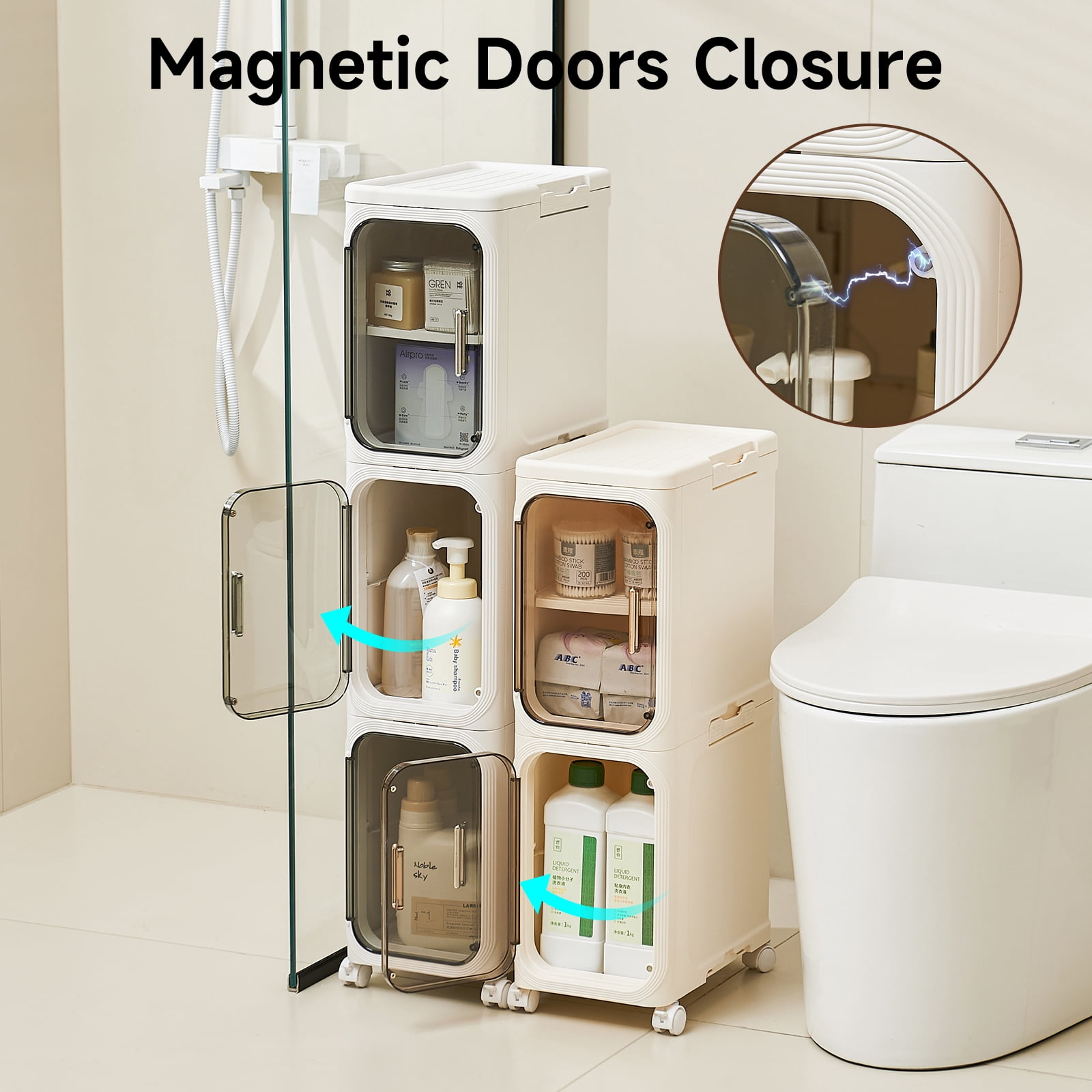4-Tier Bathroom Storage Cabinet with Wheels, Adjustable Shelves, Magnetic Doors, Plastic Slim Bathroom Organizers and Storage for Small Spaces, Kitchen, Laundry Room, White
