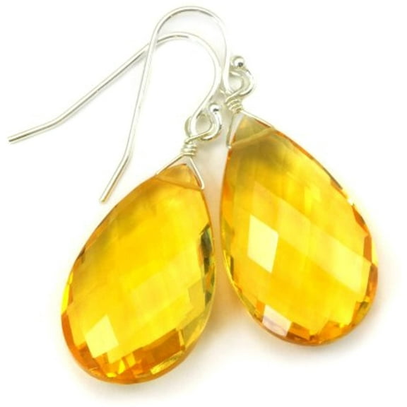 Sterling Silver Yellow Simulated Citrine Earrings Large Pear Teardrops Rich Color Faceted Dangles Designed for Adult Women