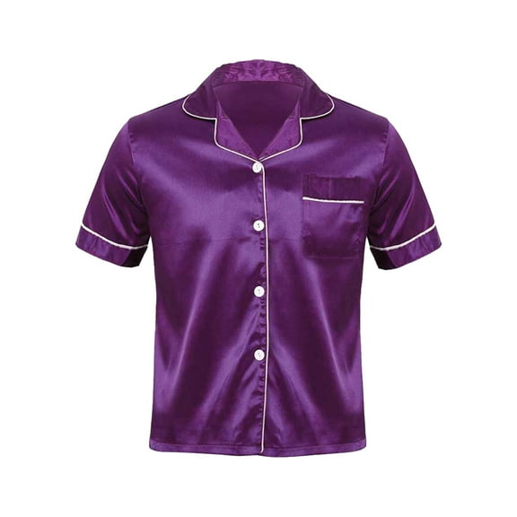 iiniim Men's Satin Short Sleeve Button Down Shirt Top Classic Pajamas Tops Blouse Nightwear Size M-3XL Purple M