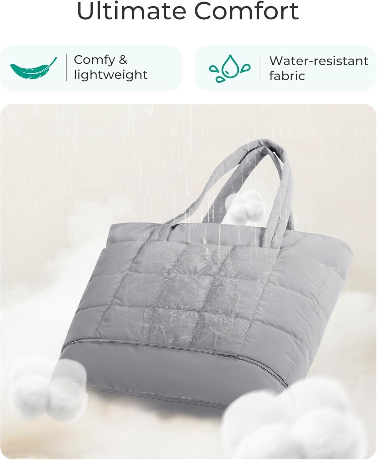 Omlopp Large Tote Bag for Women, Expandable Puffer Work Tote Handbag, Quilted Carry-On Travel Gym Bag-Grey