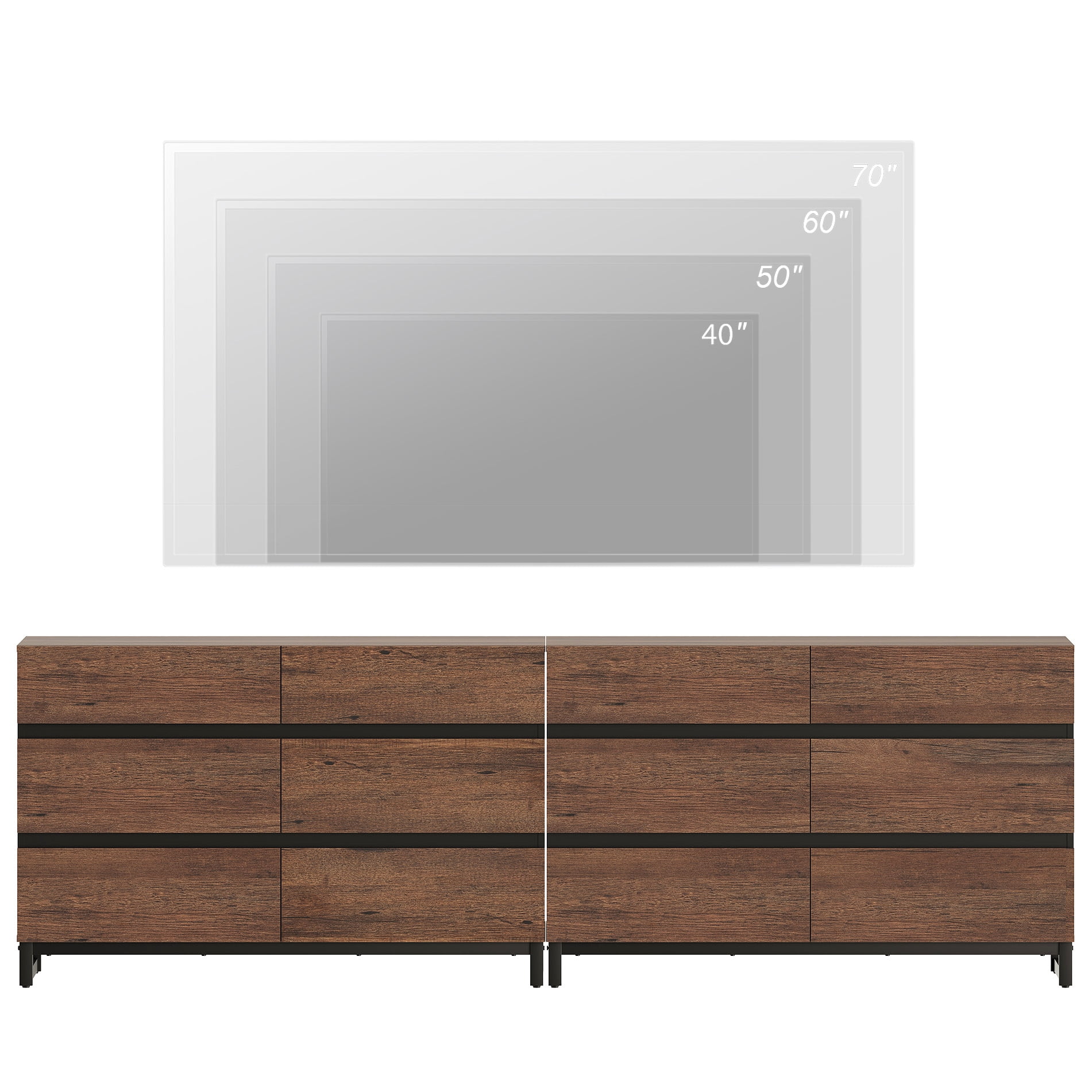 Modern TV Stand with 12 Drawers and Sturdy Metal Base, Entertainment Center Media Console for Living Room and Bedroom, Fits TVs up to 100 Inch, Brown