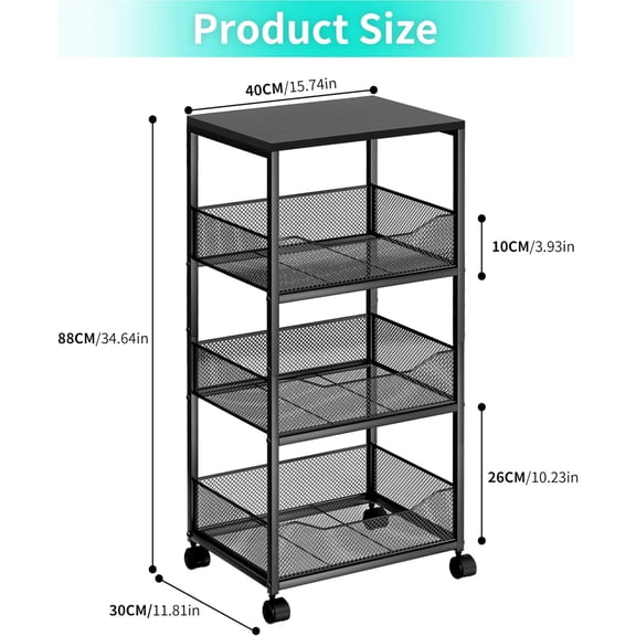 Fruit Basket Kitchen Cart - 4-Tier Rolling Storage with Wood Top
