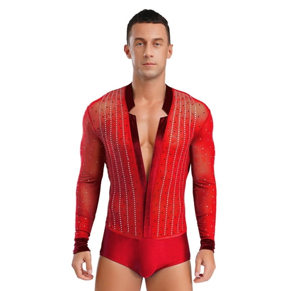 TiaoBug Men Latin Dance Shirt Leotard Long Sleeve Deep V-neck Velvet Patchwork Mesh Salsa Cha-Cha Bodysuit Red XL