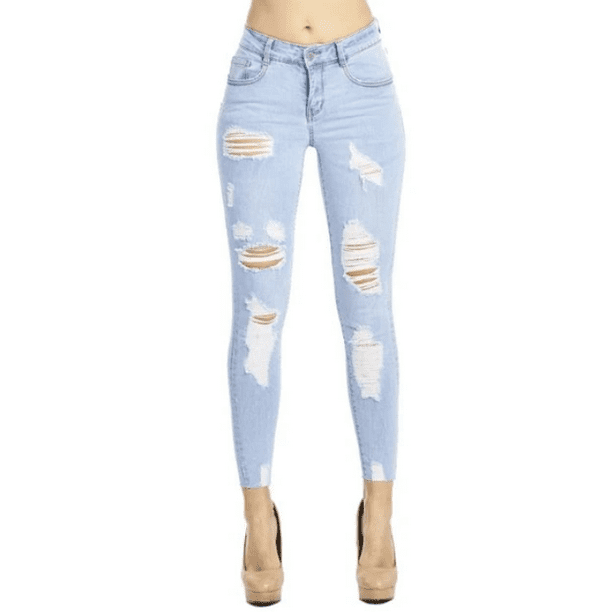 Light Blue Super Stretch Skinny Distressed Jeans Pants For Women Walmart Com Walmart Com