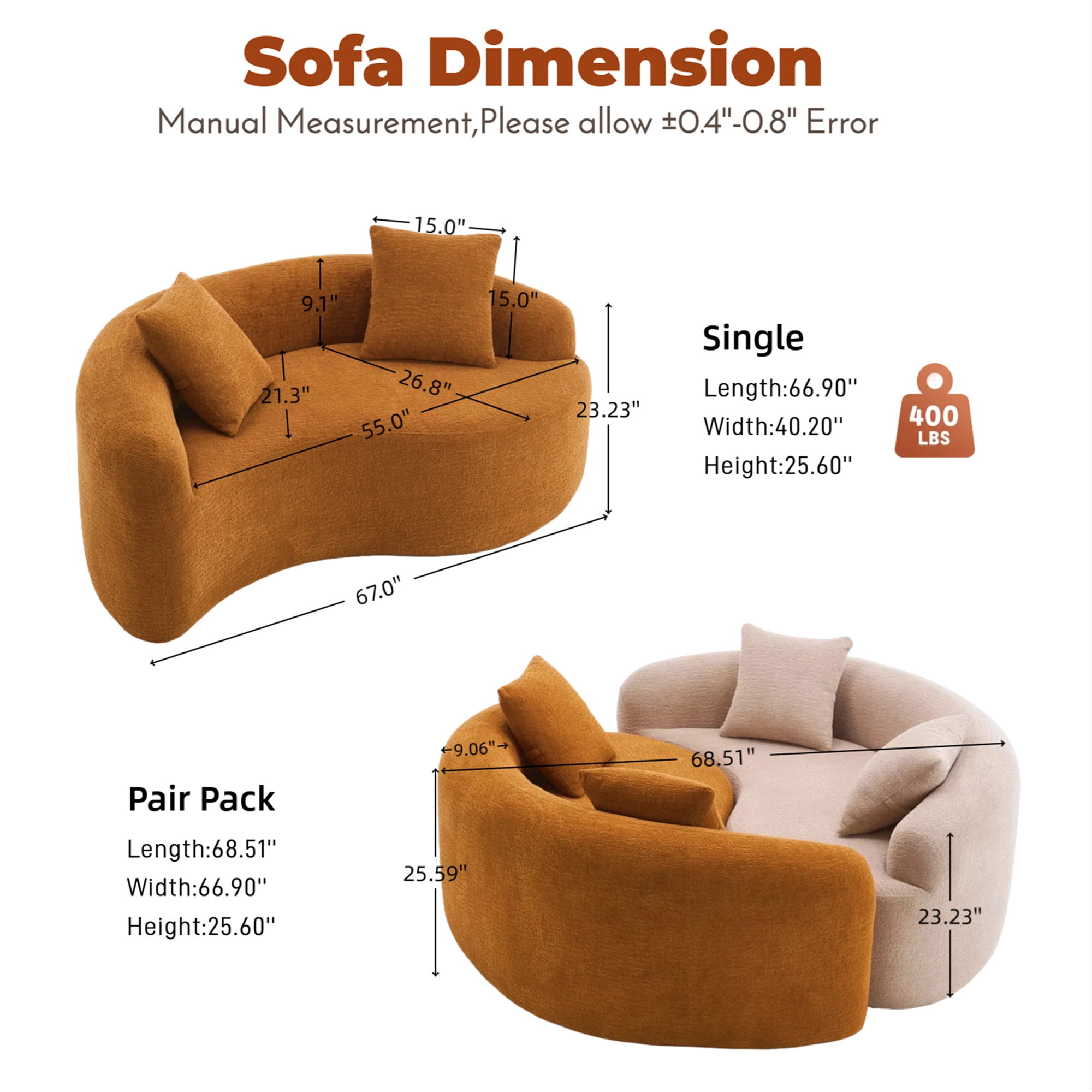 Aukfa 67" Small Sofa S-Curved Loveseat Couch Modular Sofa No Assembly, 2 Pillows, Chenille, Orange