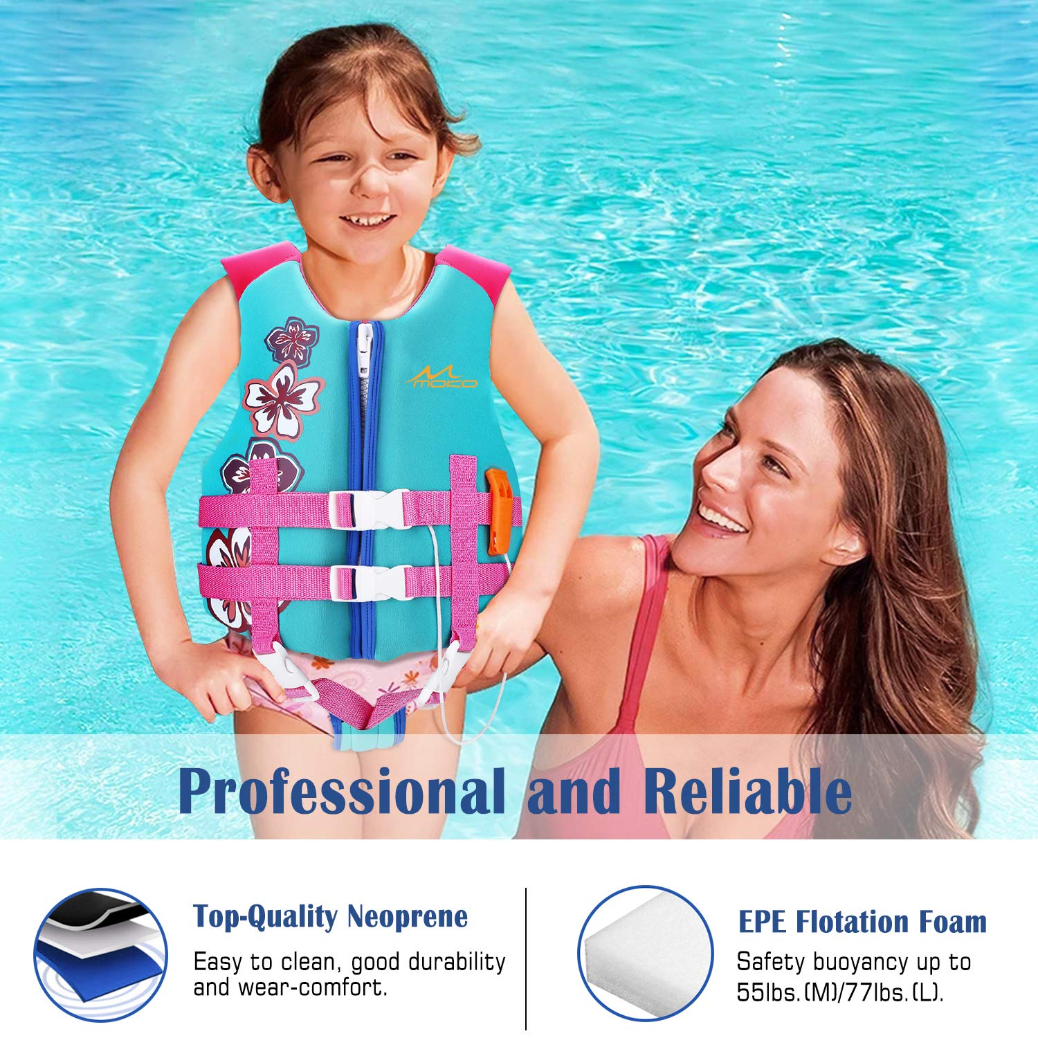 MoKo Kids Swim Vest for Boys Girls, Swimming Float Jacket Swimsuit Buoyancy Swimwear for 46-77 lbs,L Size,Blue