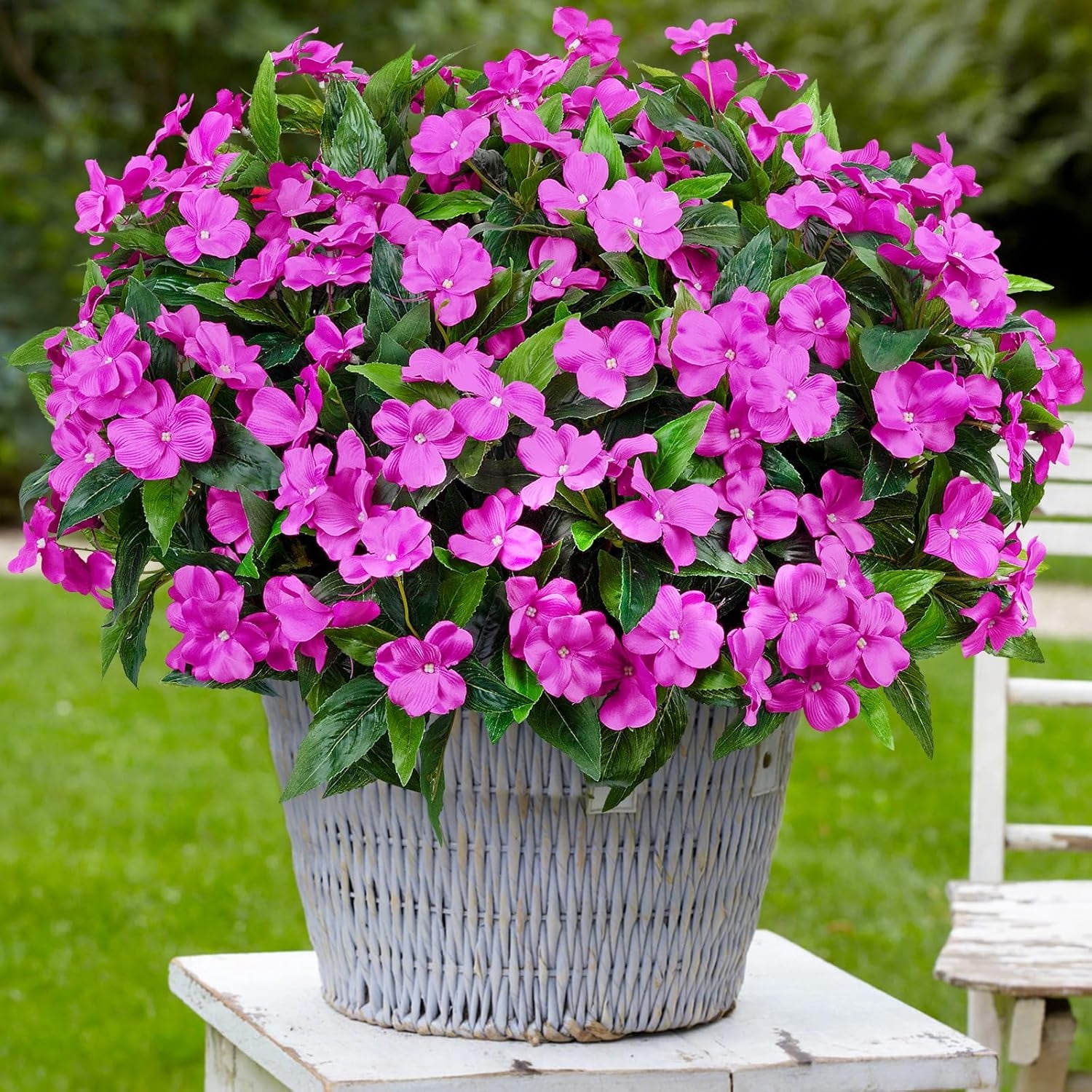 Topboutique Artificial Flower Impatiens Silk Flowers Greenery Faux Impatiens Bushes Fake Impatiens Bouquet Lifelike Flowers Bouquet for Lawn Garden Home Wedding Decoration (4 Pcs-7 Branches-Purple)