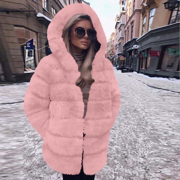 Abrigo y chaquetas de piel sintética con capucha y manga larga para mujer, de retazos de imitación, de longitud media, con capucha, para mujer