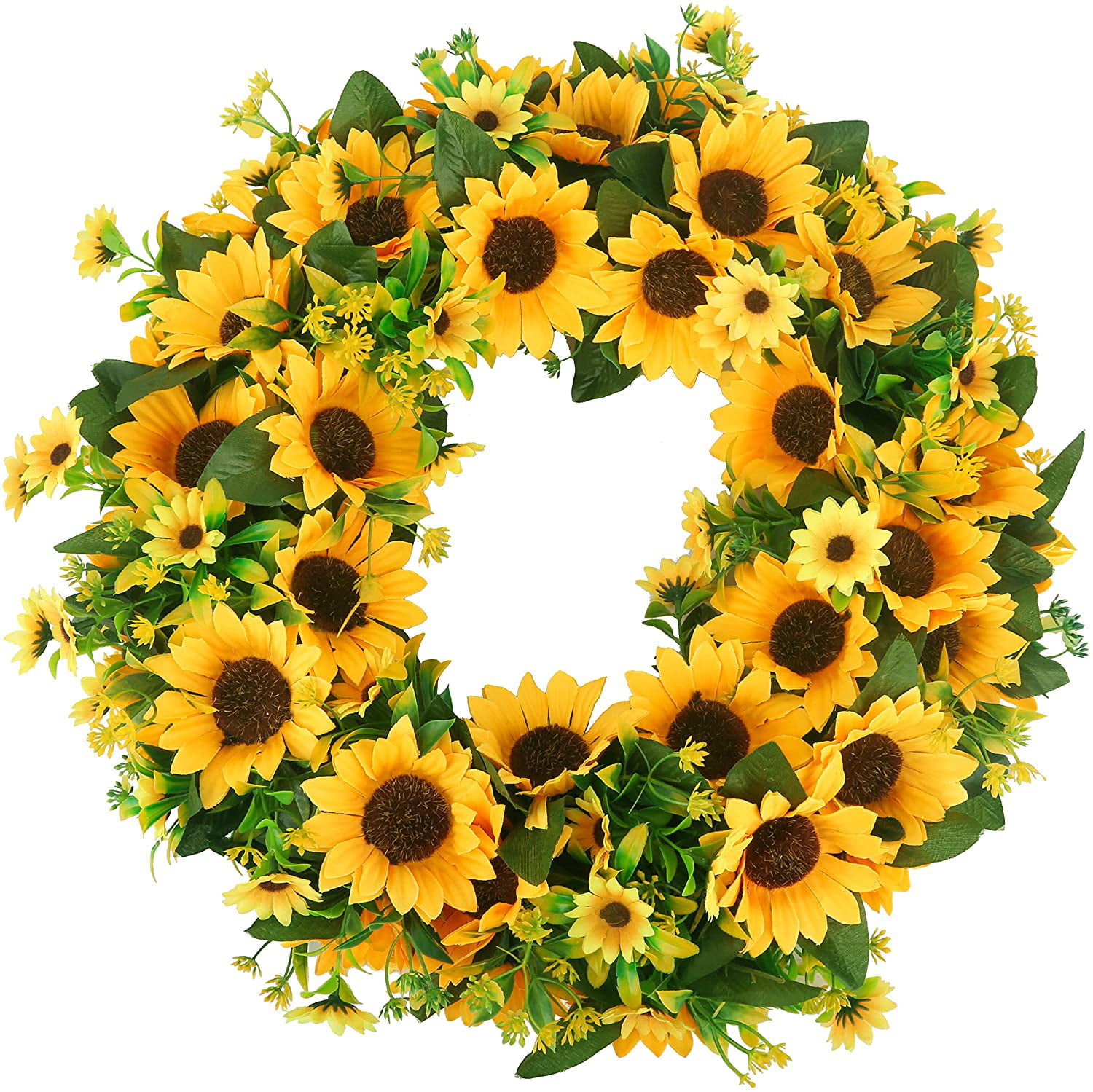 Mrinb Artificial Flower Wreath Garland with Yellow Sunflower and Green Leaves Front Door Window Wedding Decorations-45cm