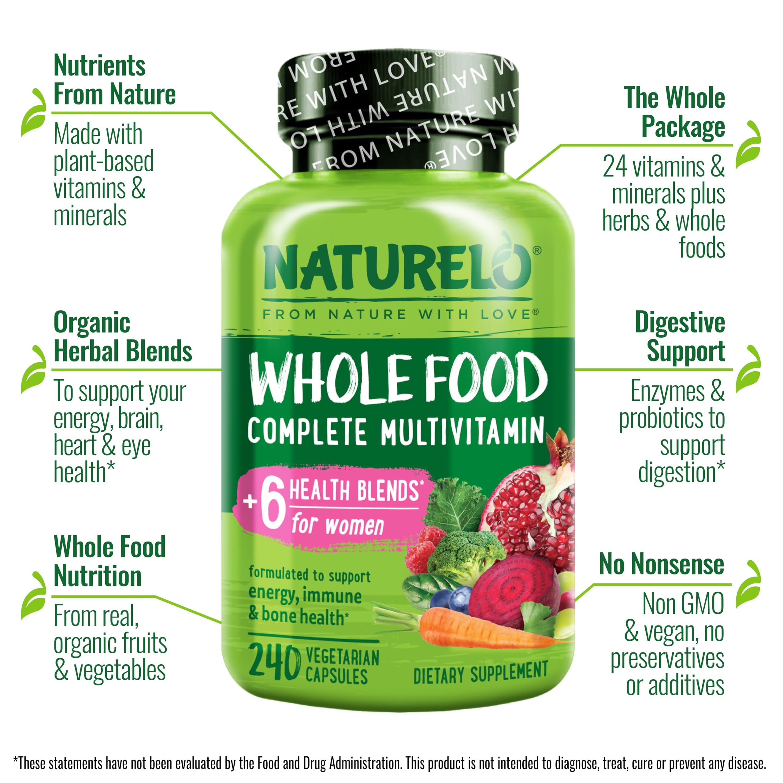 NATURELO Whole Food Multivitamin for Women - with Vitamins, Minerals, & Organic Extracts - Supplement for Energy and Heart Health - Non GMO - 240 Vegan Capsules