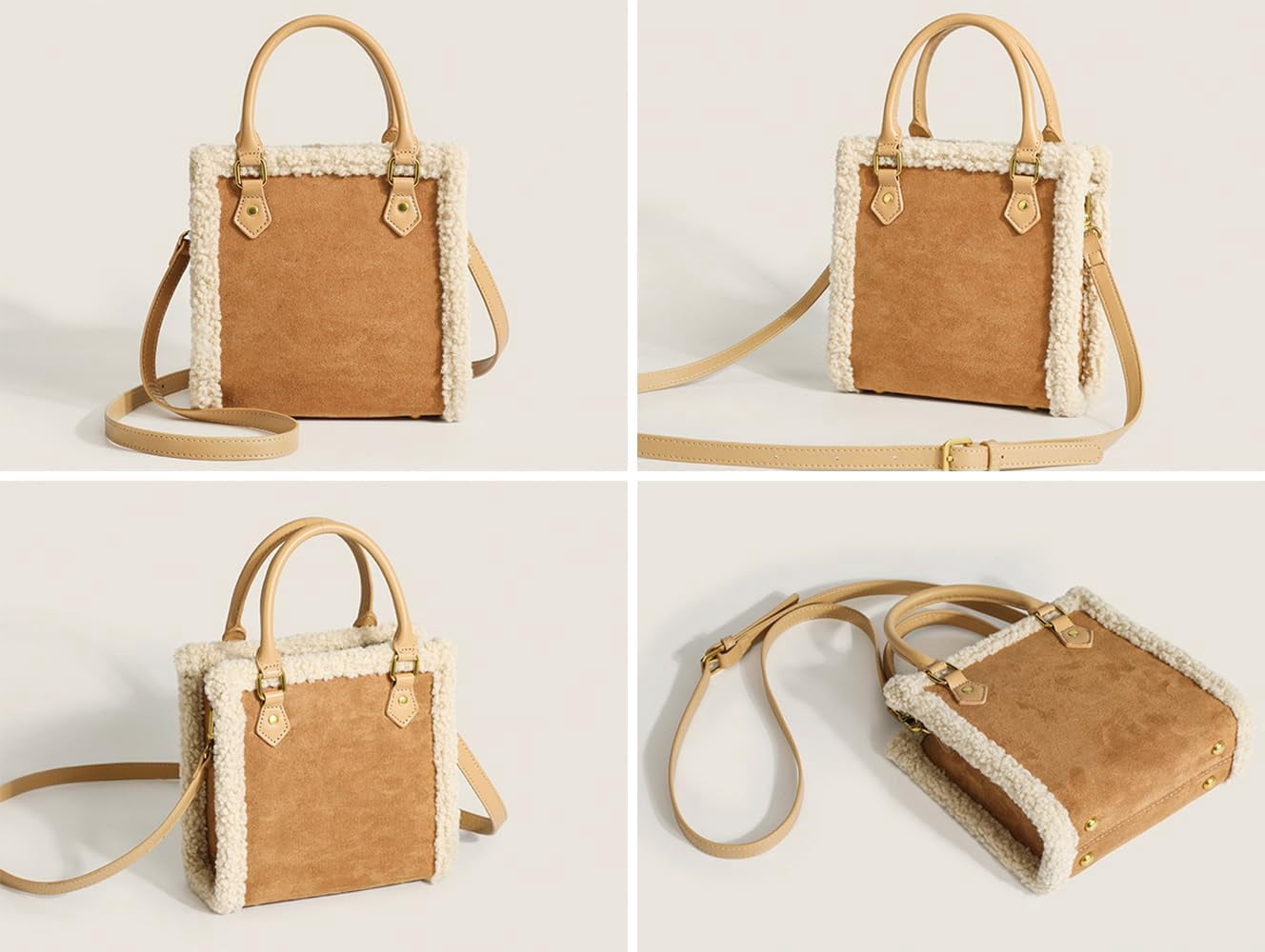 JennyShop Trendy PU Tote Handbag Premium Bag, Square Purse Fashionable Shoulder Bag with Faux Lambswool Decoration for Women